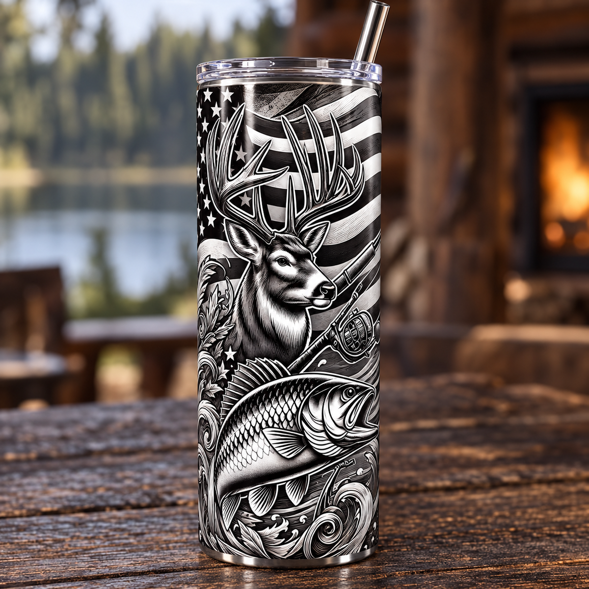 American Outdoors 20 oz tumbler with deer fishing and flag design