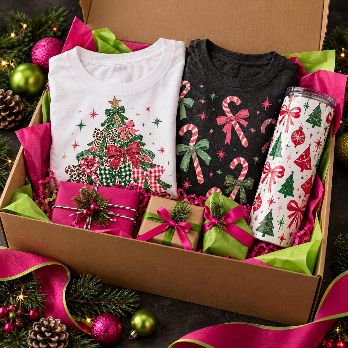 Representative Christmas Mystery Box with two festive shirts, a tumbler, and holiday surprise goodies