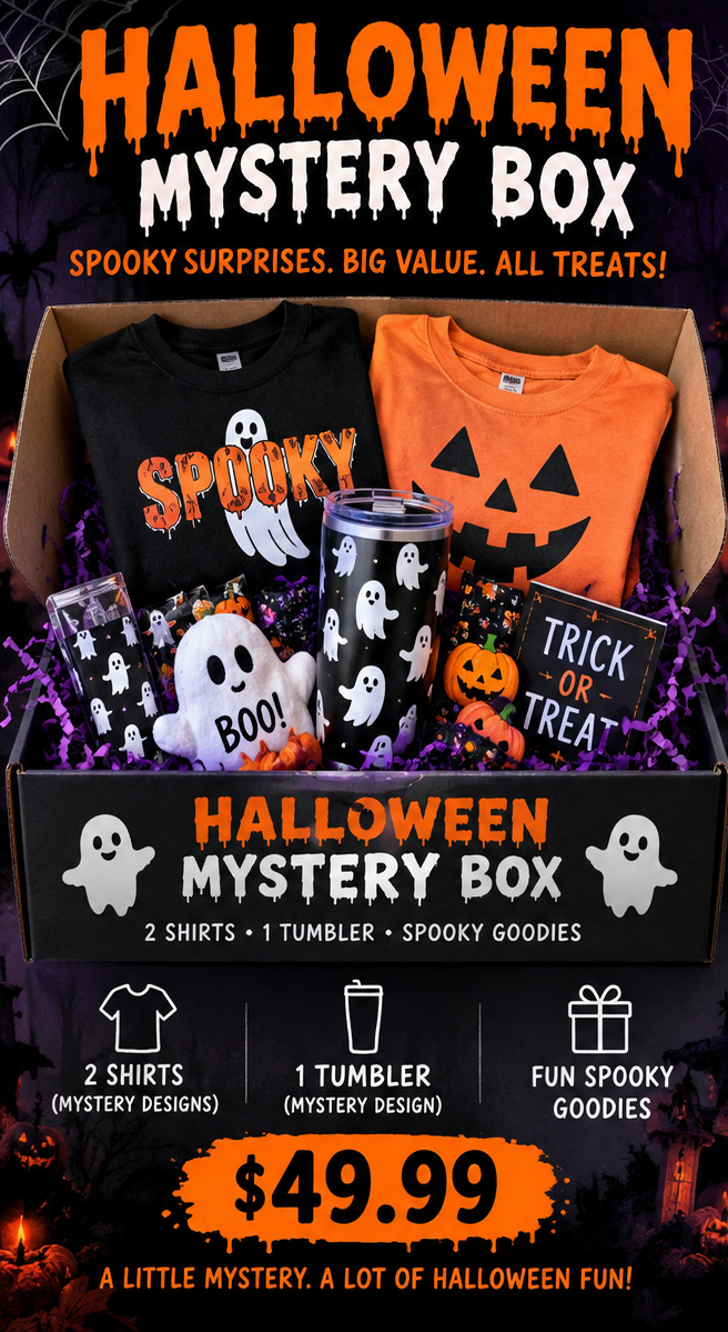 Halloween Mystery Box with two shirts, tumbler and spooky goodies