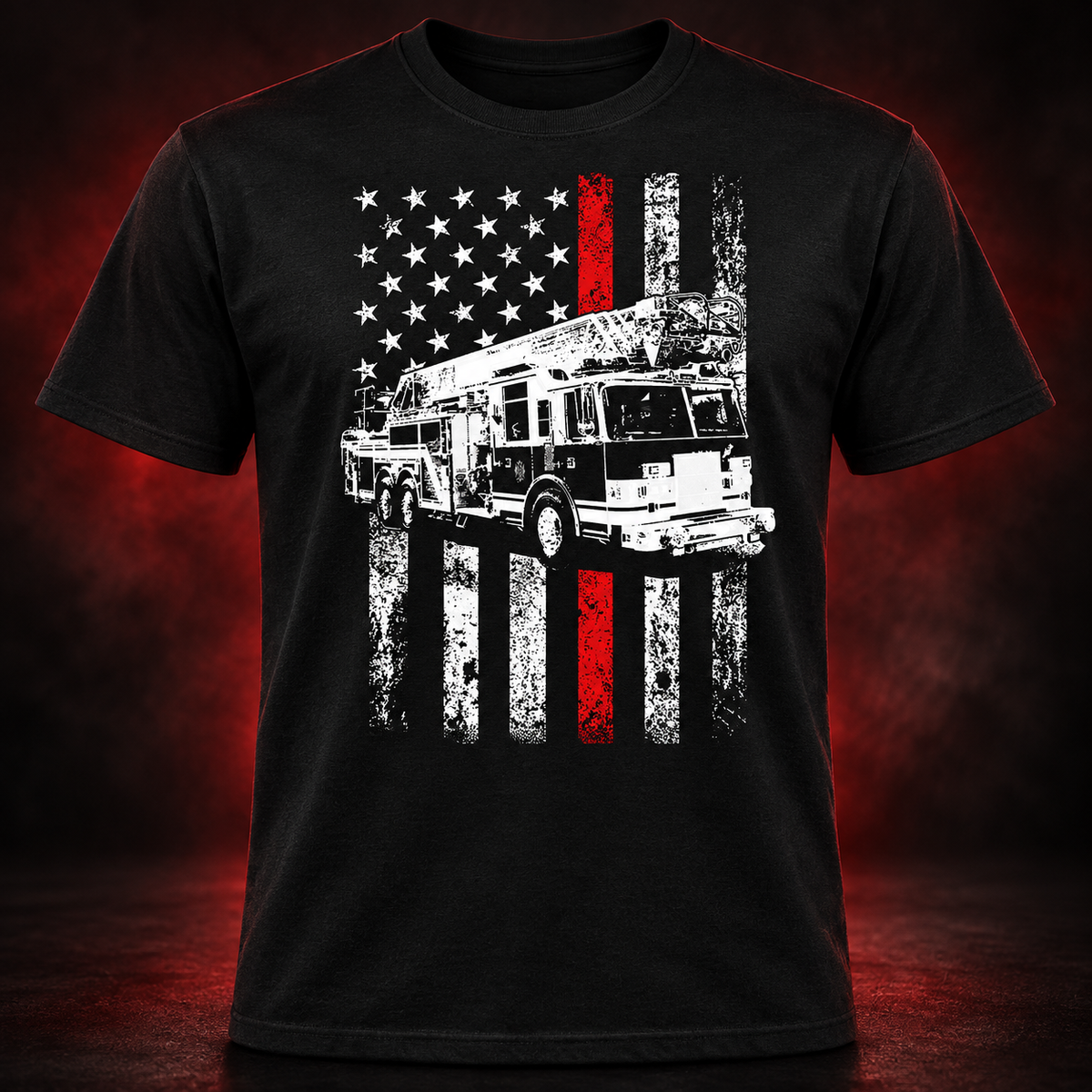 Patriotic Ladder Truck Firefighter Shirt black adult shirt mockup