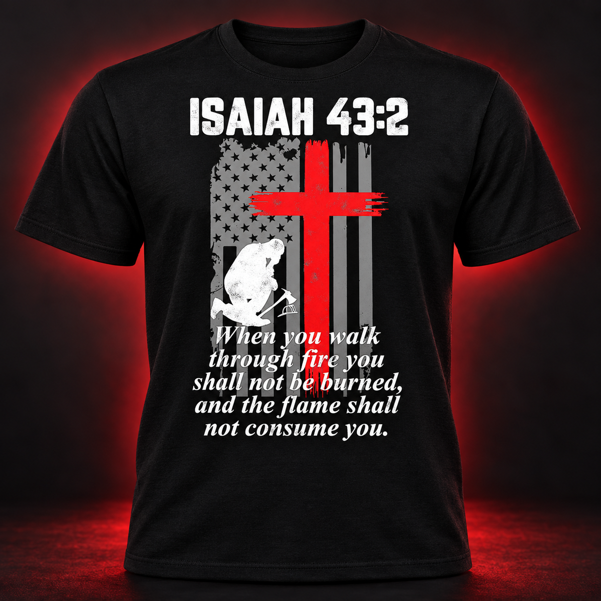 Isaiah 43:2 Firefighter Faith Shirt black adult shirt mockup