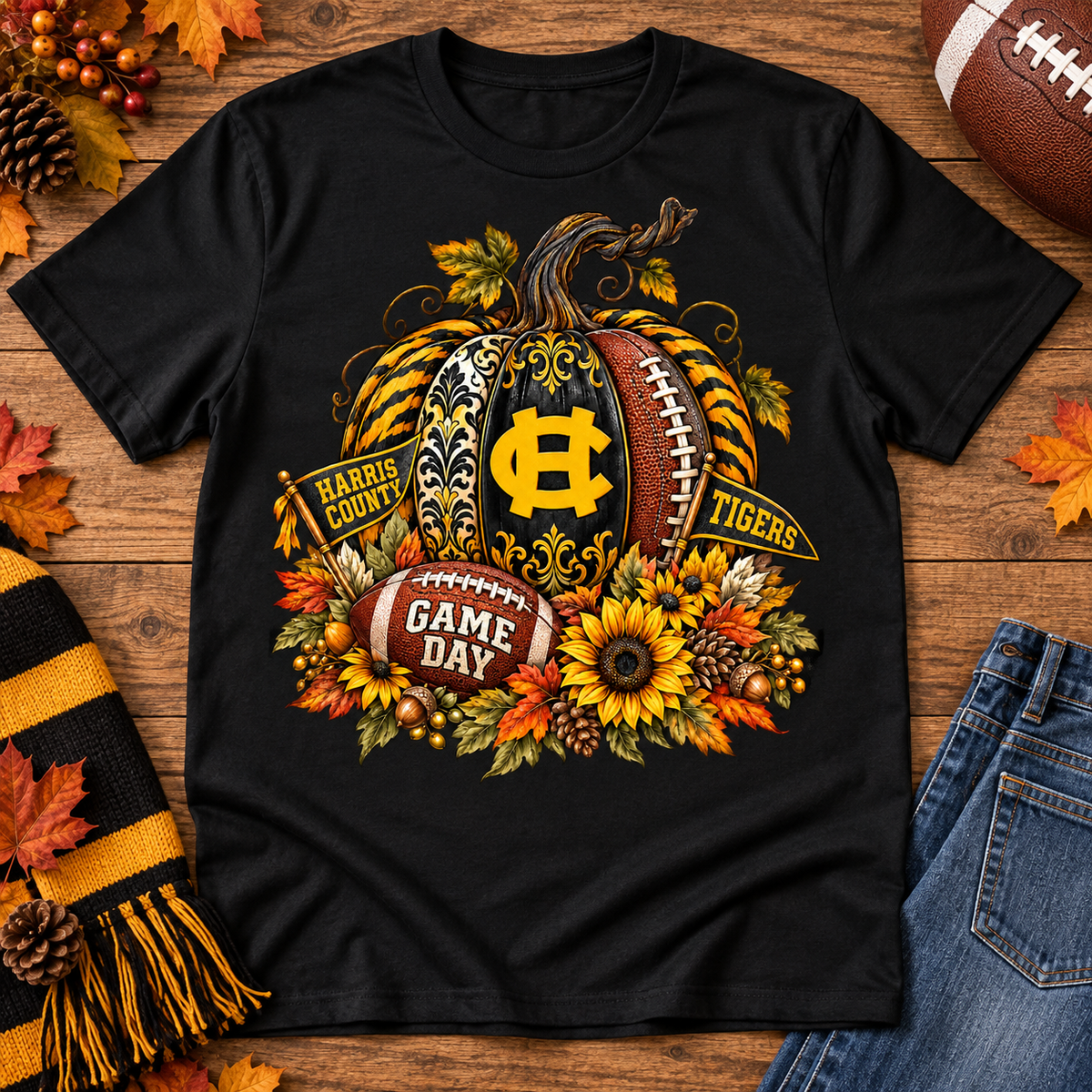Harris County Tigers fall pumpkin game day black shirt