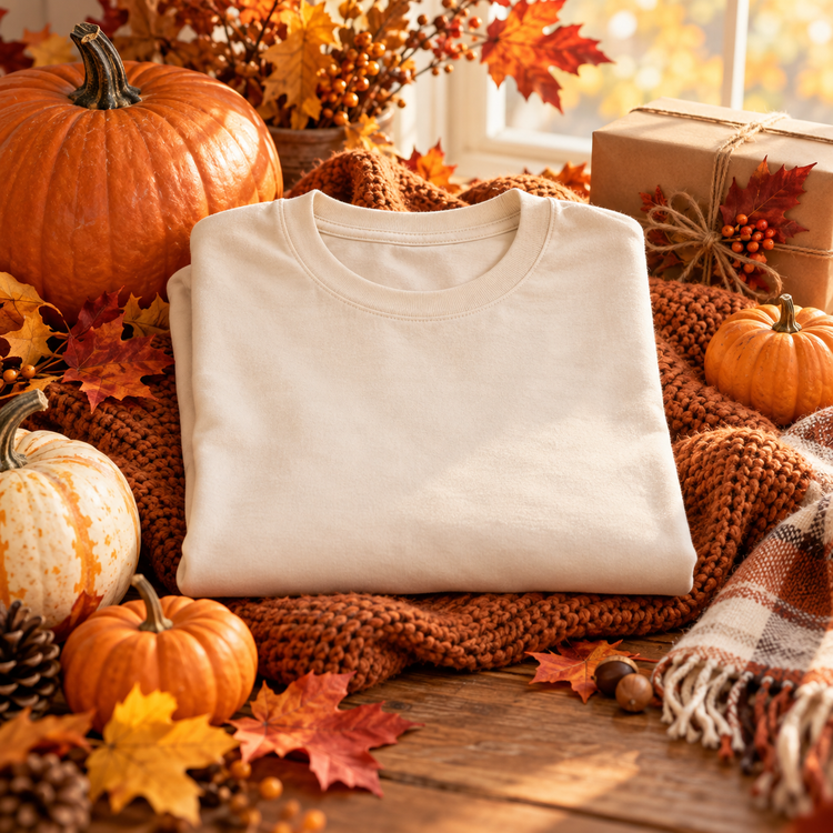 Autumn pumpkins, leaves, a folded blank shirt, and a wrapped gift