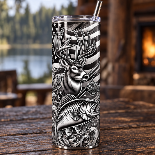 American Outdoors 20 oz tumbler with deer fishing and flag design