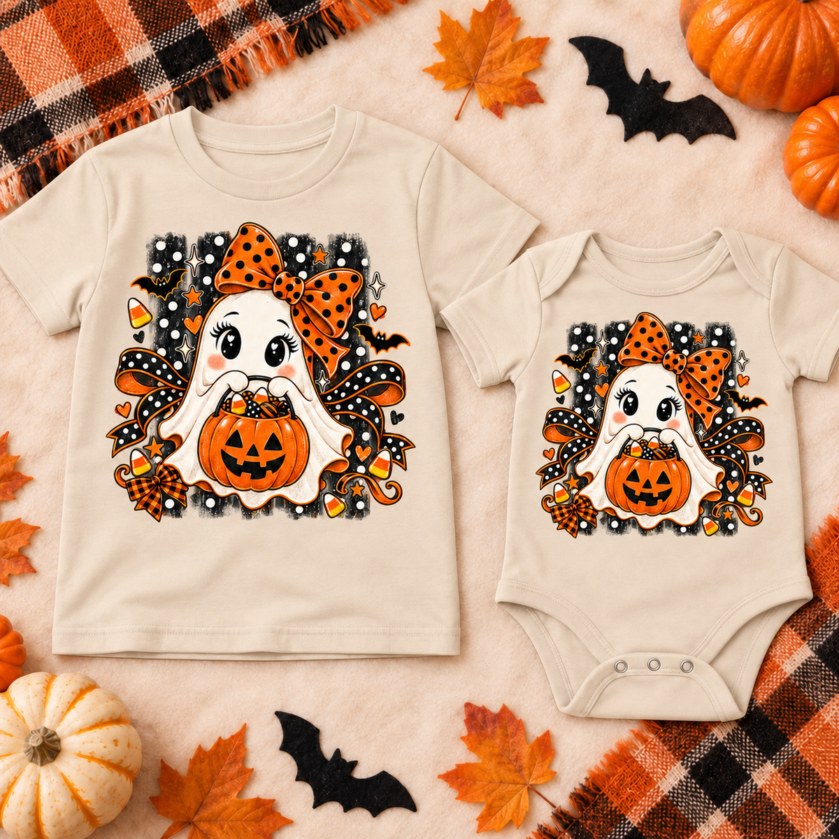 Bow Ghost Candy Bucket on tan youth shirt and infant bodysuit