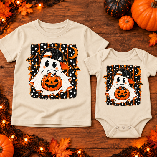 Cap Ghost Candy Bucket on tan youth shirt and infant bodysuit