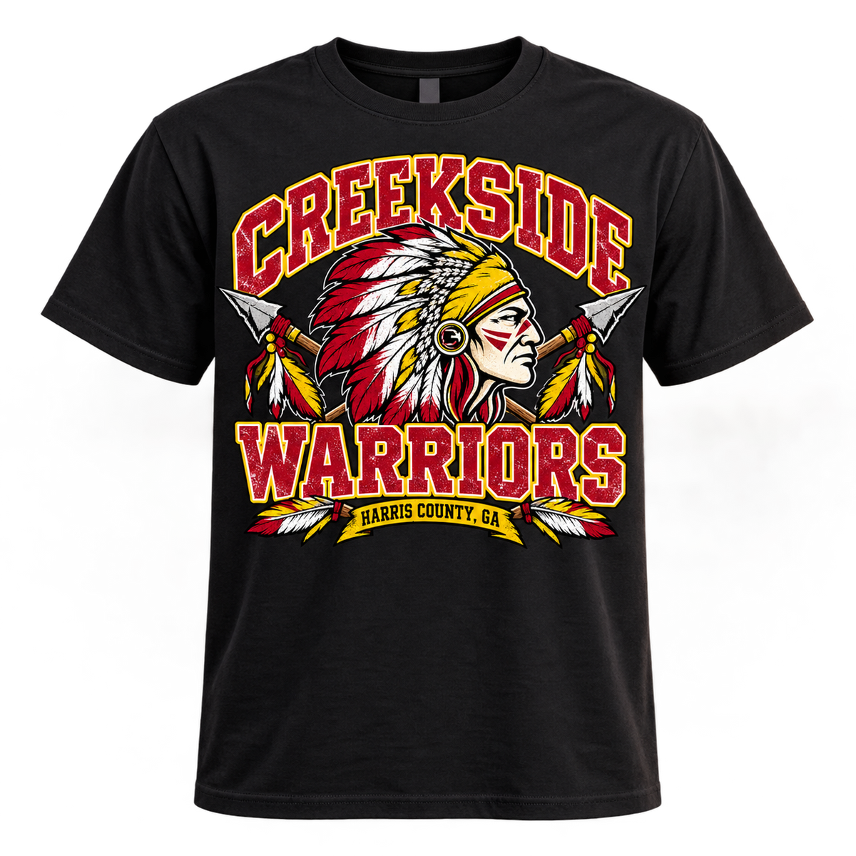 Creekside Warriors Heritage Adult Shirt on black shirt