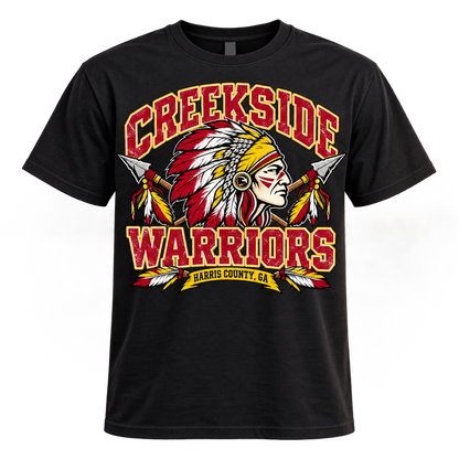Creekside Warriors Heritage Adult Shirt on black shirt