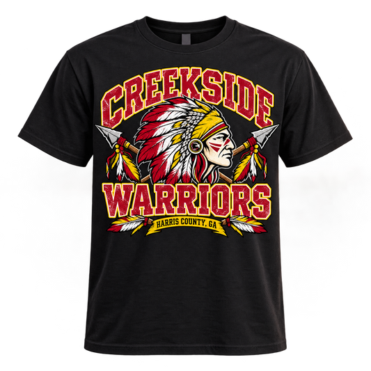 Creekside Warriors Heritage Adult Shirt on black shirt