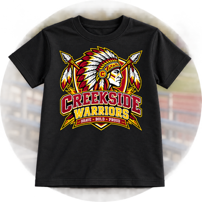 Creekside Warriors Spirit Shield Youth Shirt on black shirt