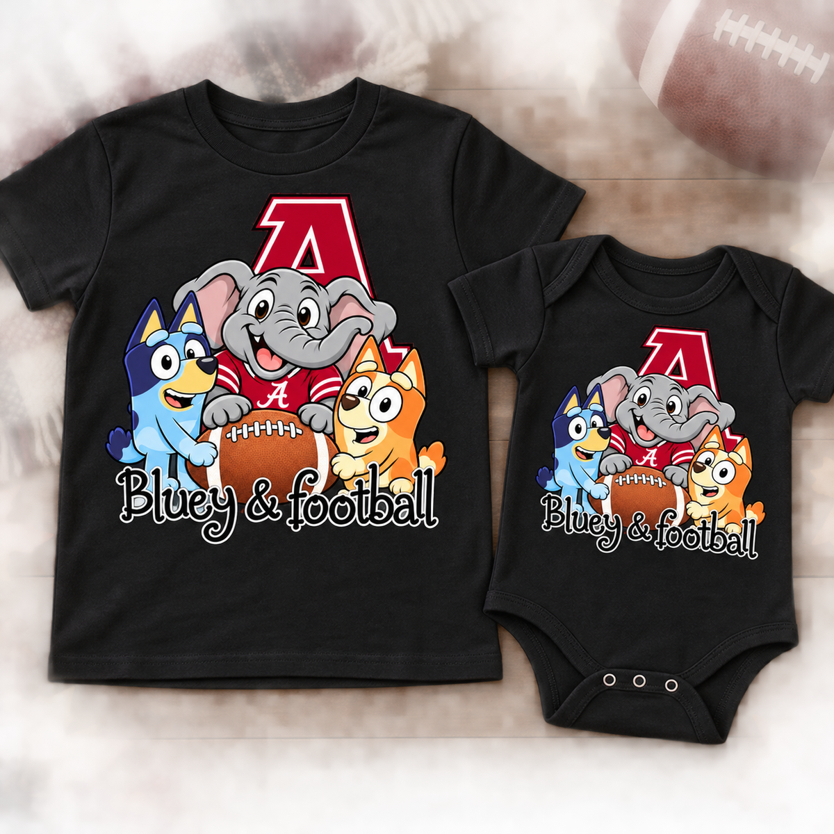 Crimson Elephant Football Friends Kids Shirt & Bodysuit on youth shirt and infant bodysuit