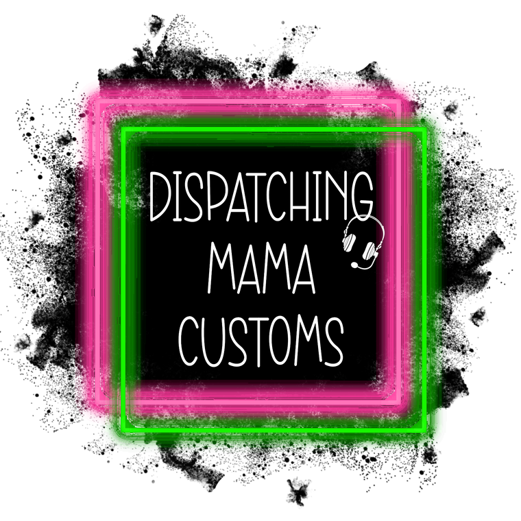 Dispatching Mama Customs logo in hot pink, lime green, black and white