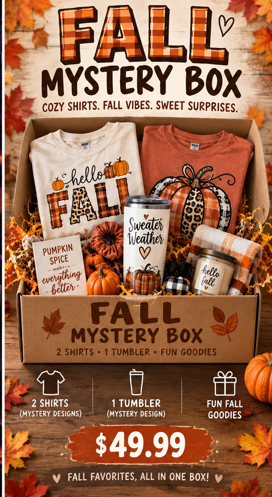 Fall Mystery Box with two shirts, tumbler and fun fall goodies