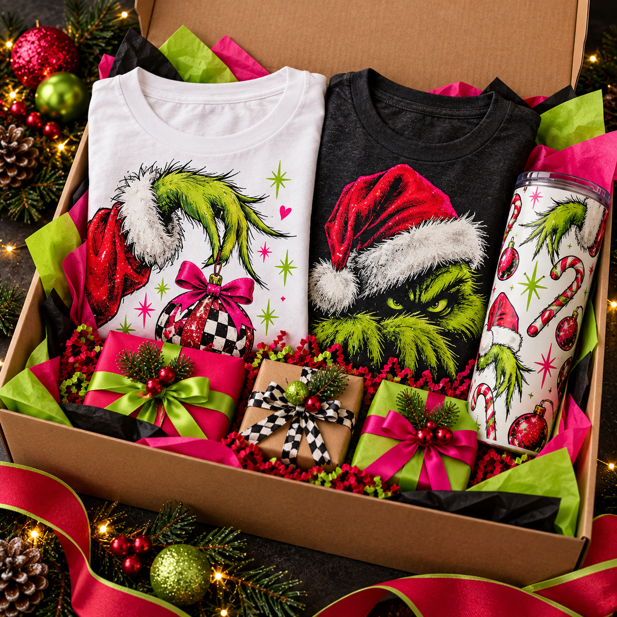 Representative Grinch themed mystery box with two holiday shirts, one tumbler, and wrapped surprise goodies