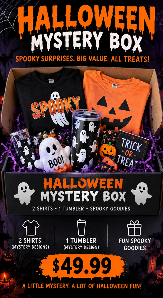 Halloween Mystery Box with two shirts, tumbler and spooky goodies