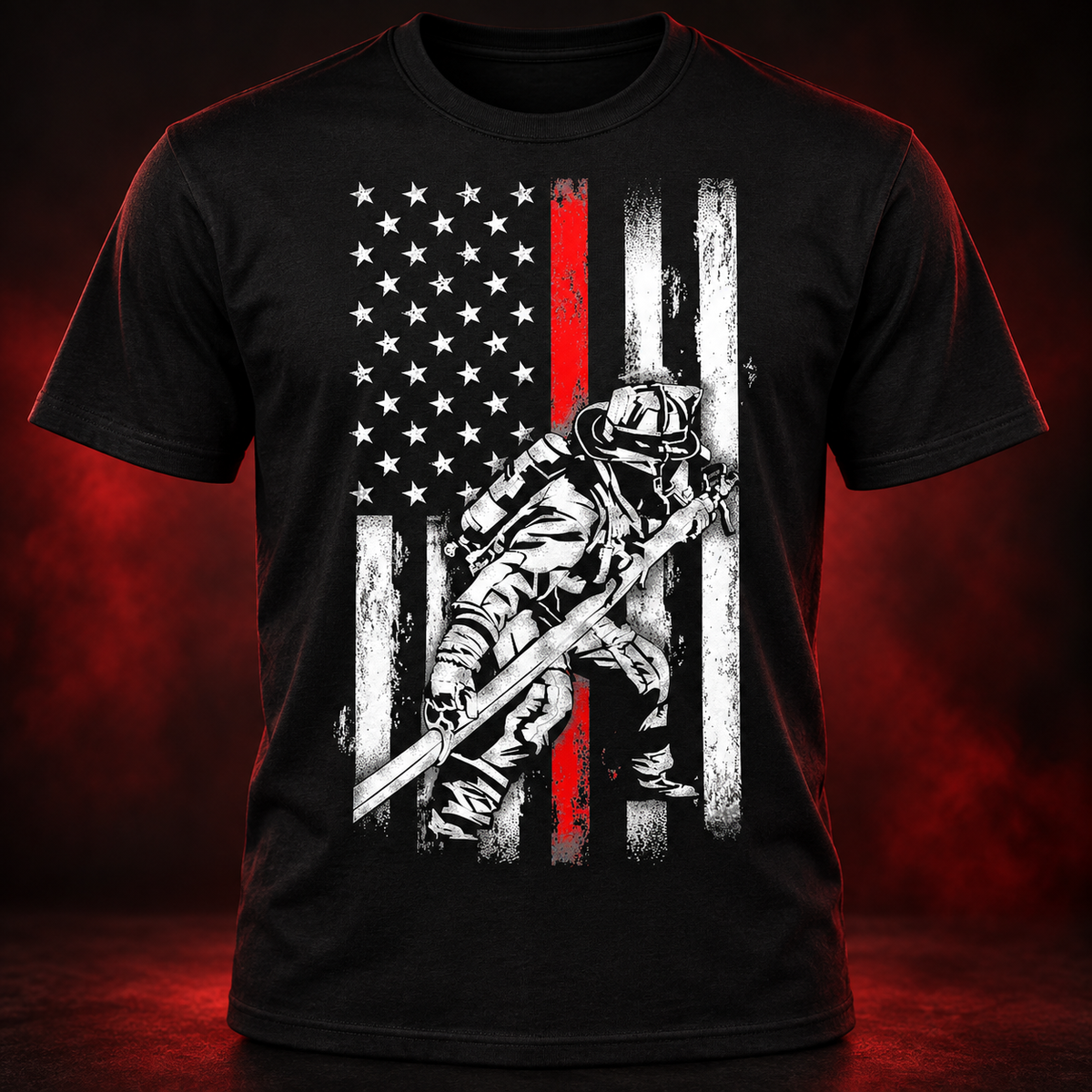 Thin Red Line Firefighter in Action Shirt black adult shirt mockup