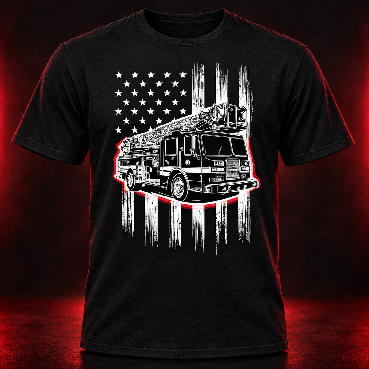 Thin Red Line Fire Engine Flag Shirt black adult shirt mockup