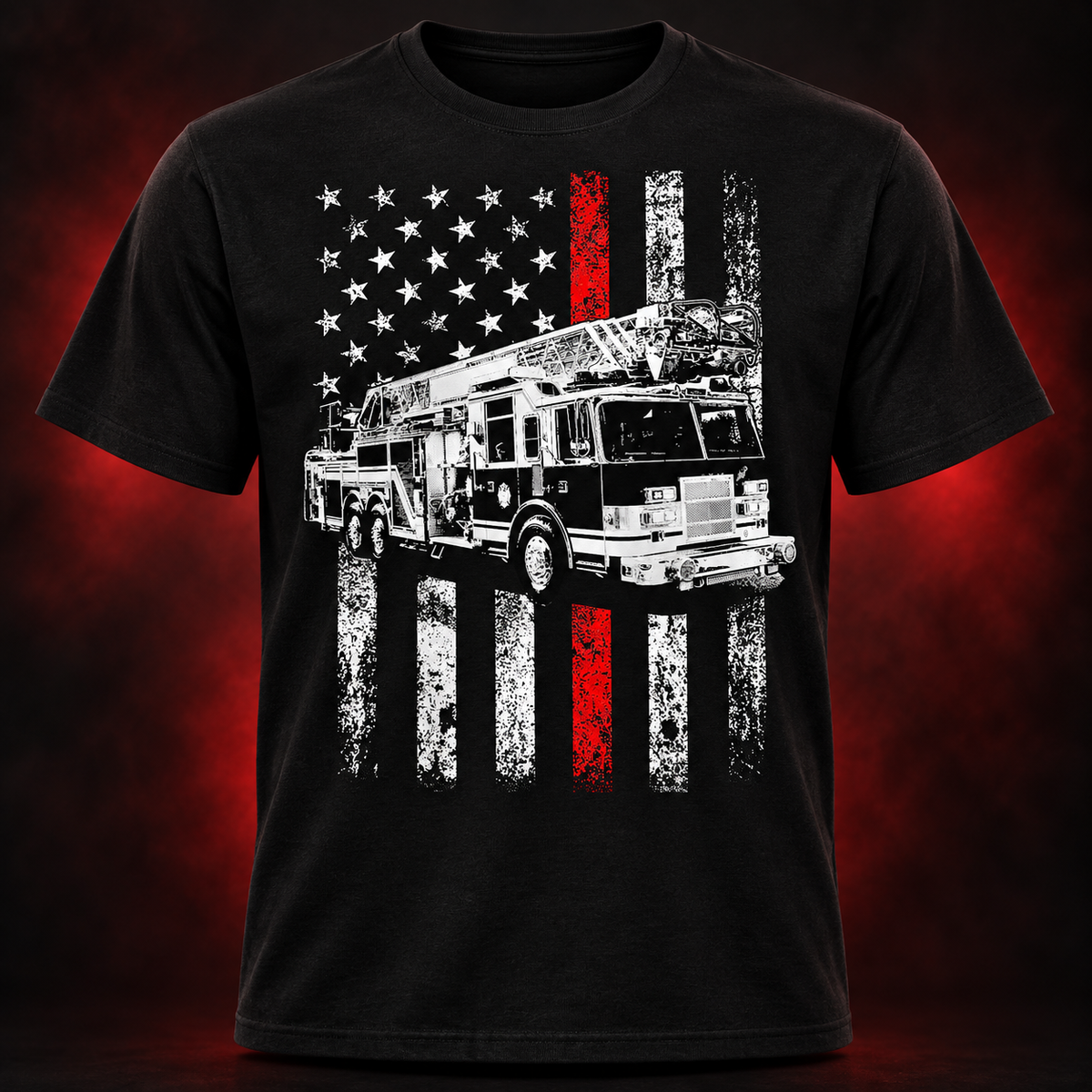 Patriotic Ladder Fire Truck Shirt black adult shirt mockup