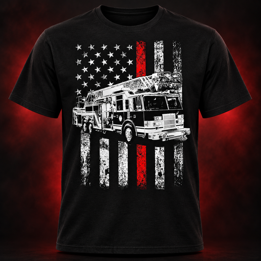 Patriotic Ladder Fire Truck Shirt black adult shirt mockup