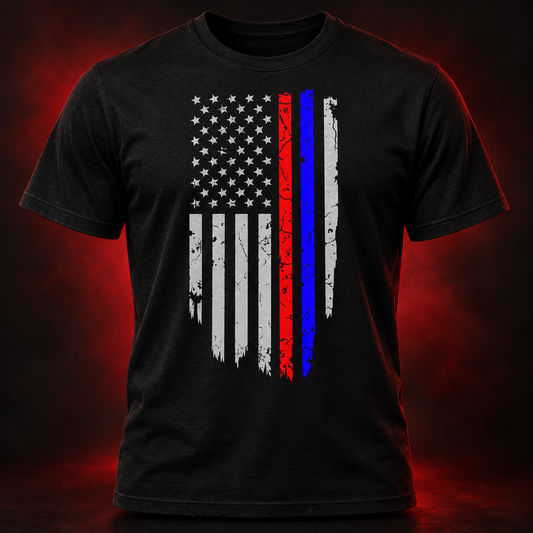 Thin Red & Blue Line Flag Shirt black adult shirt mockup