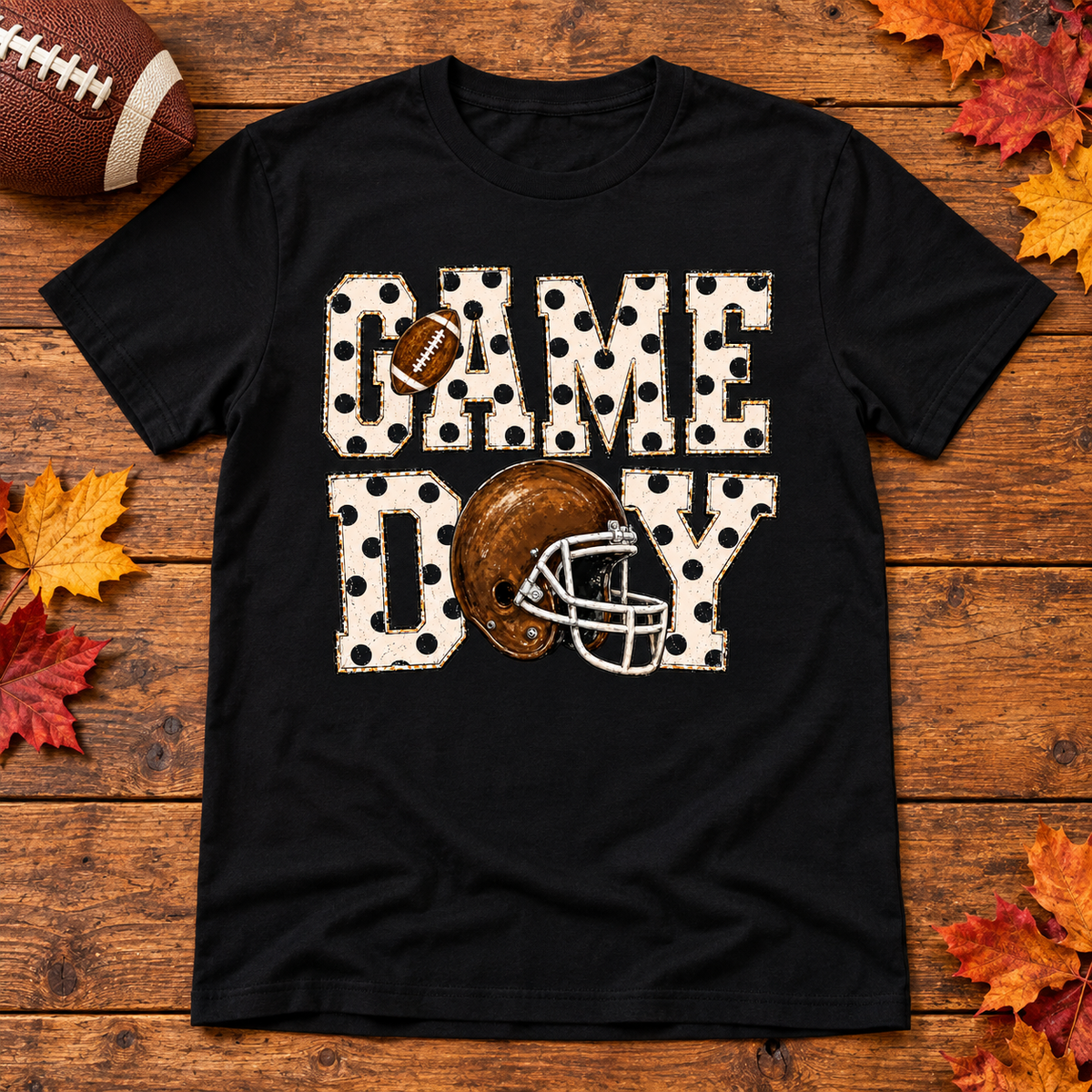 GAME DAY football helmet artwork on a black adult shirt