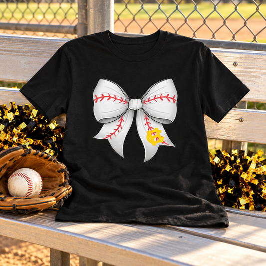 Harris County Baseball Bow Shirt on a black shirt in a styled game day setting
