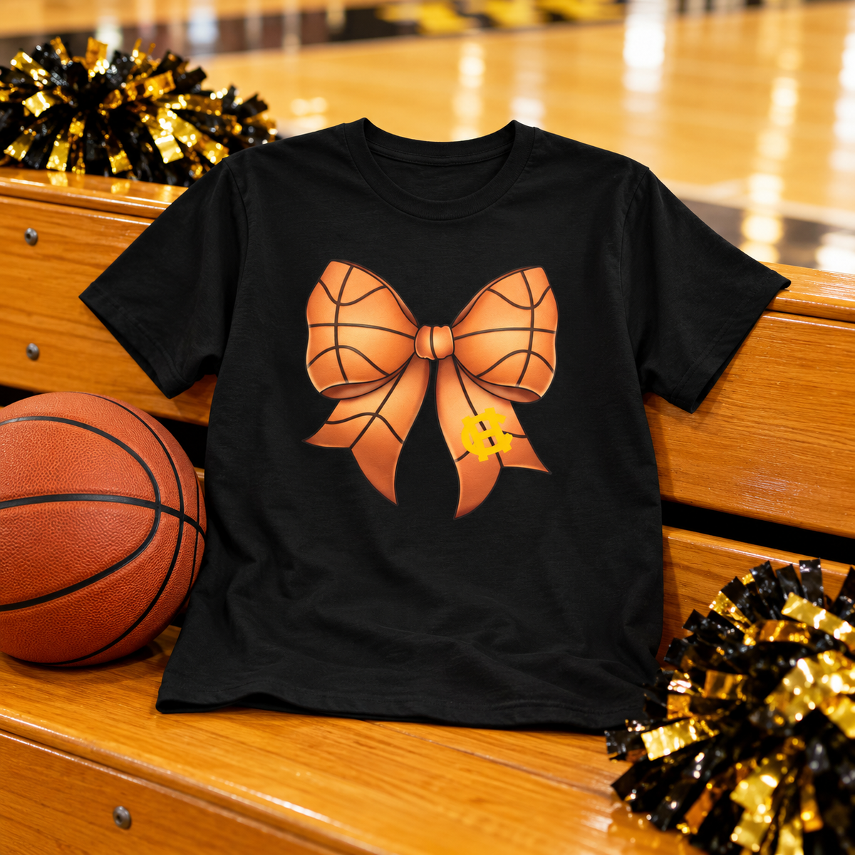 Harris County Basketball Bow Shirt on a black shirt in a styled game day setting