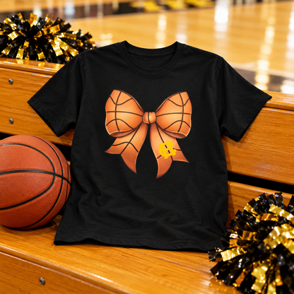Harris County Basketball Bow Shirt on a black shirt in a styled game day setting
