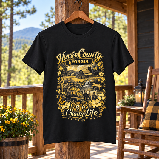 HC County Life on a black shirt in a styled game day setting