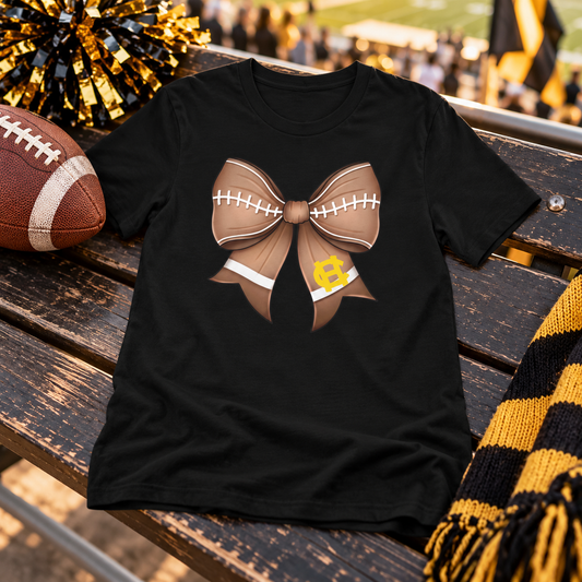 Harris County Football Bow Shirt on a black shirt in a styled game day setting