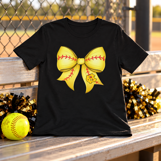 Harris County Softball Bow Shirt on a black shirt in a styled game day setting