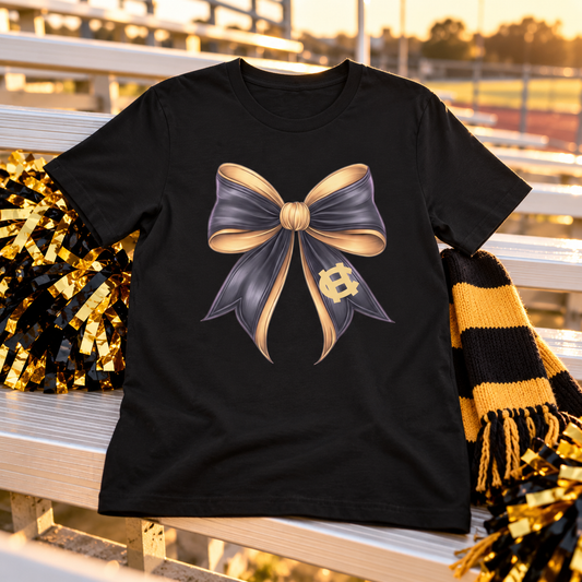 Harris County Tiger Bow Shirt on a black shirt in a styled game day setting