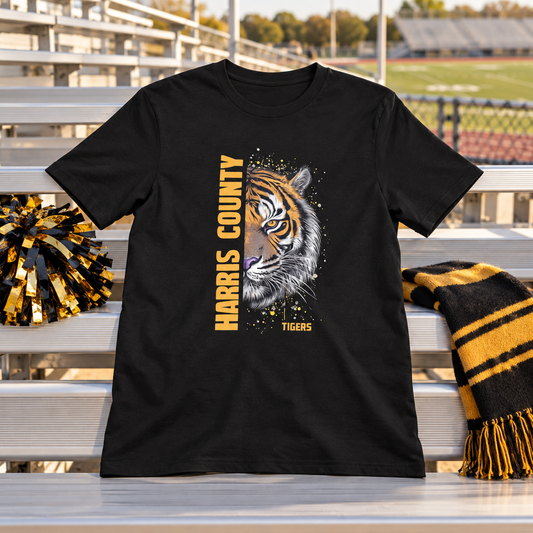 Harris County Tiger Pride Shirt on a black shirt in a styled game day setting