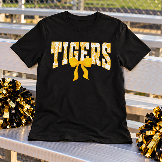 Harris County Tigers Shirt on a black shirt in a styled game day setting