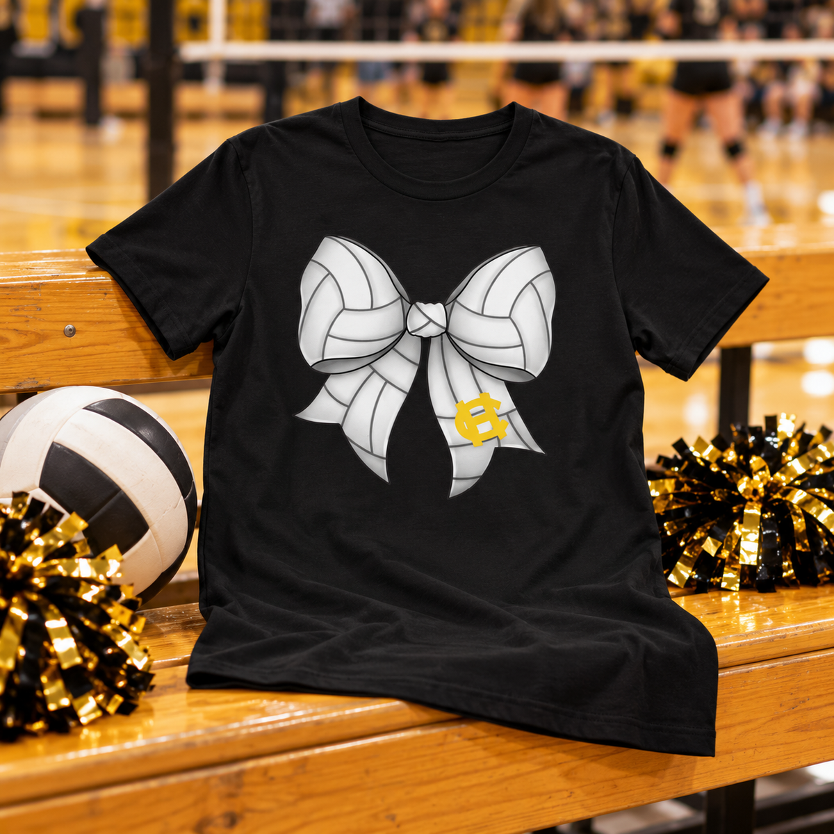 Harris County Volleyball Bow Shirt on a black shirt in a styled game day setting
