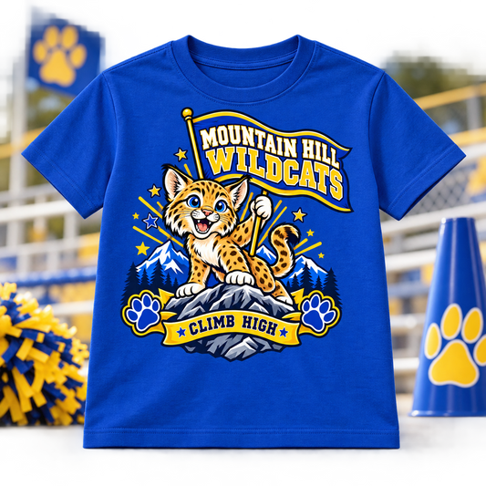 Mountain Hill Wildcats Climb High Youth Shirt on royal blue shirt
