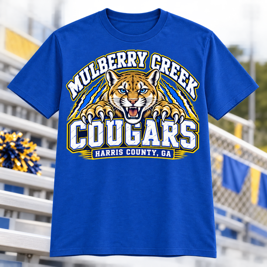 Mulberry Creek Cougars Spirit Adult Shirt on royal blue shirt