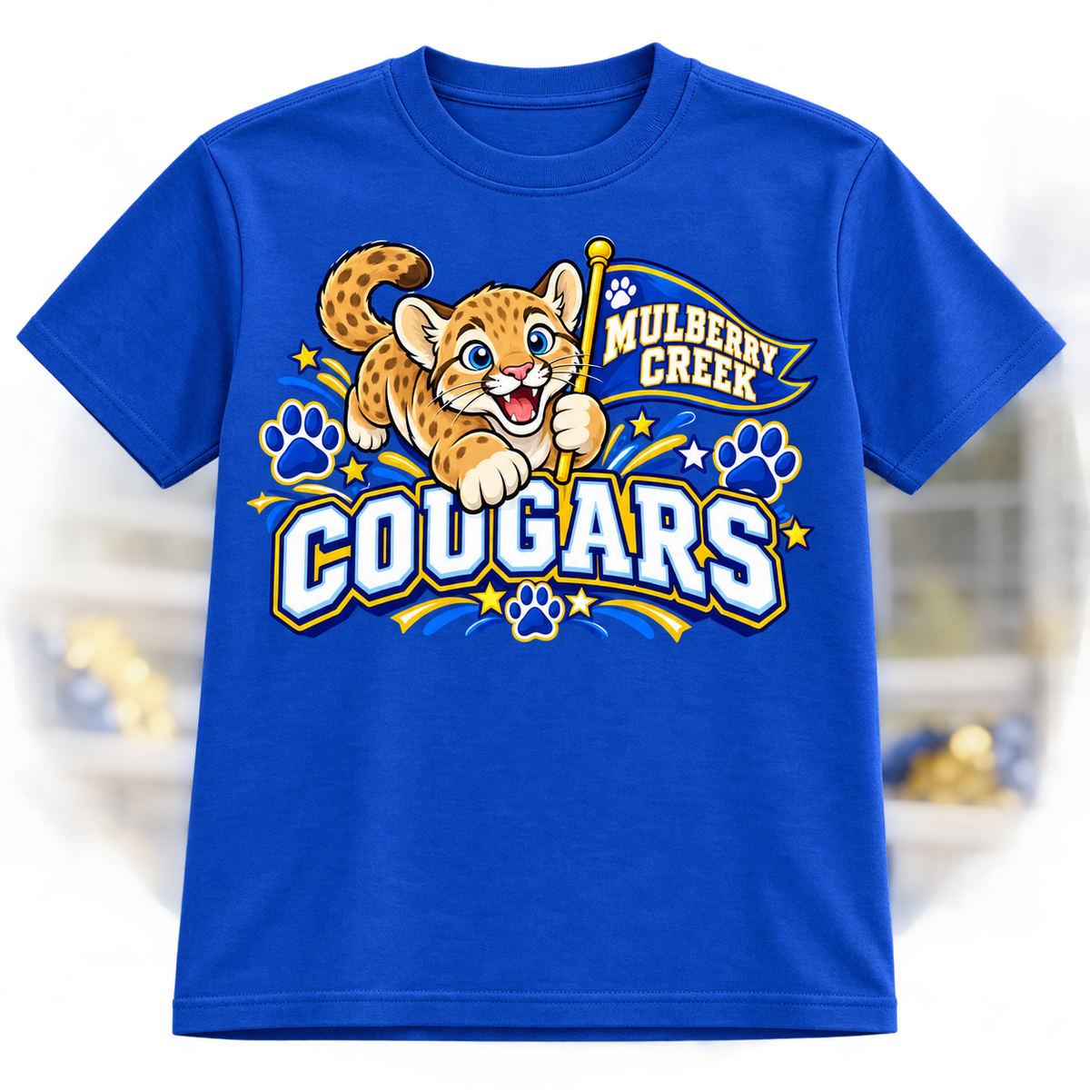 Mulberry Creek Cougars Mascot Youth Shirt on royal blue shirt