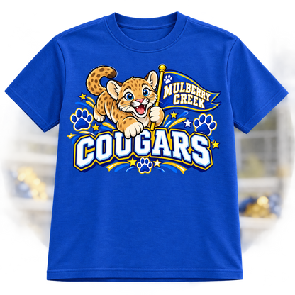 Mulberry Creek Cougars Mascot Youth Shirt on royal blue shirt