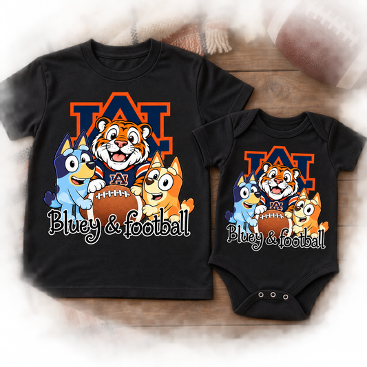 Orange Tiger Football Friends Kids Shirt & Bodysuit on youth shirt and infant bodysuit