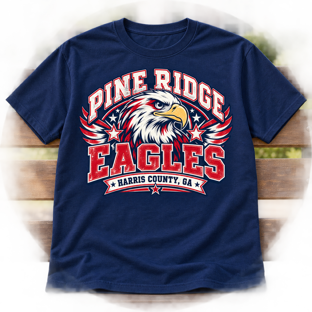 Pine Ridge Eagles vintage crest on navy adult shirt
