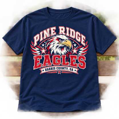 Pine Ridge Eagles vintage crest on navy adult shirt