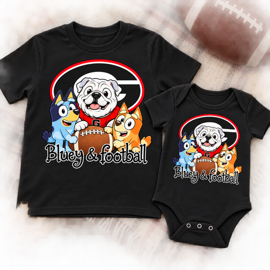Red Bulldog Football Friends Kids Shirt & Bodysuit on youth shirt and infant bodysuit