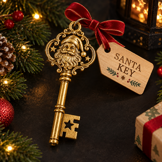 Decorative gold Santa Key with red ribbon