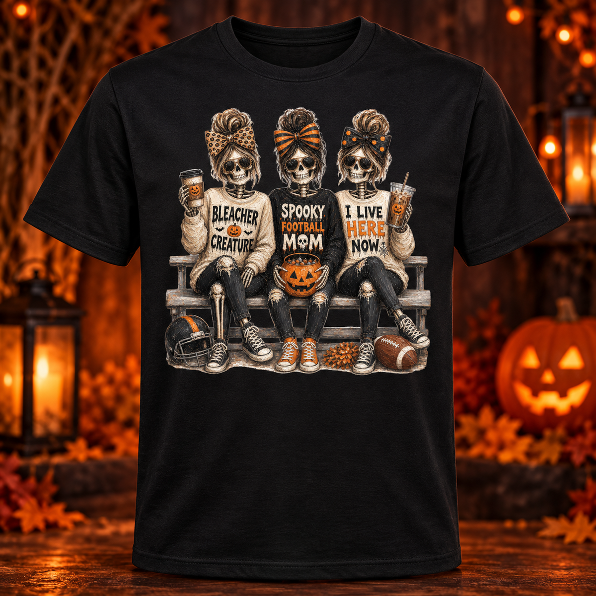 Spooky Football Mom Skeletons Shirt black adult shirt mockup