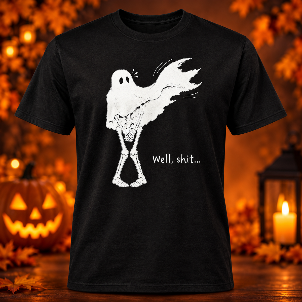 Well, Shit Ghost Skeleton Shirt black adult shirt mockup